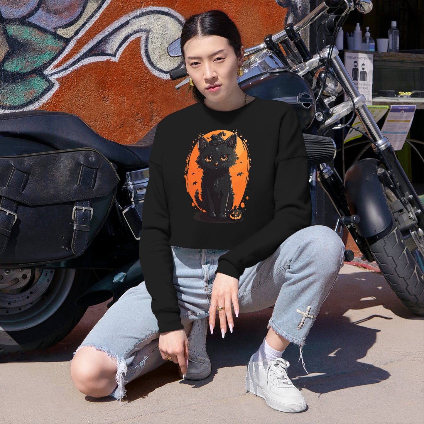 Women's Cropped Black Cat Sweatshirt