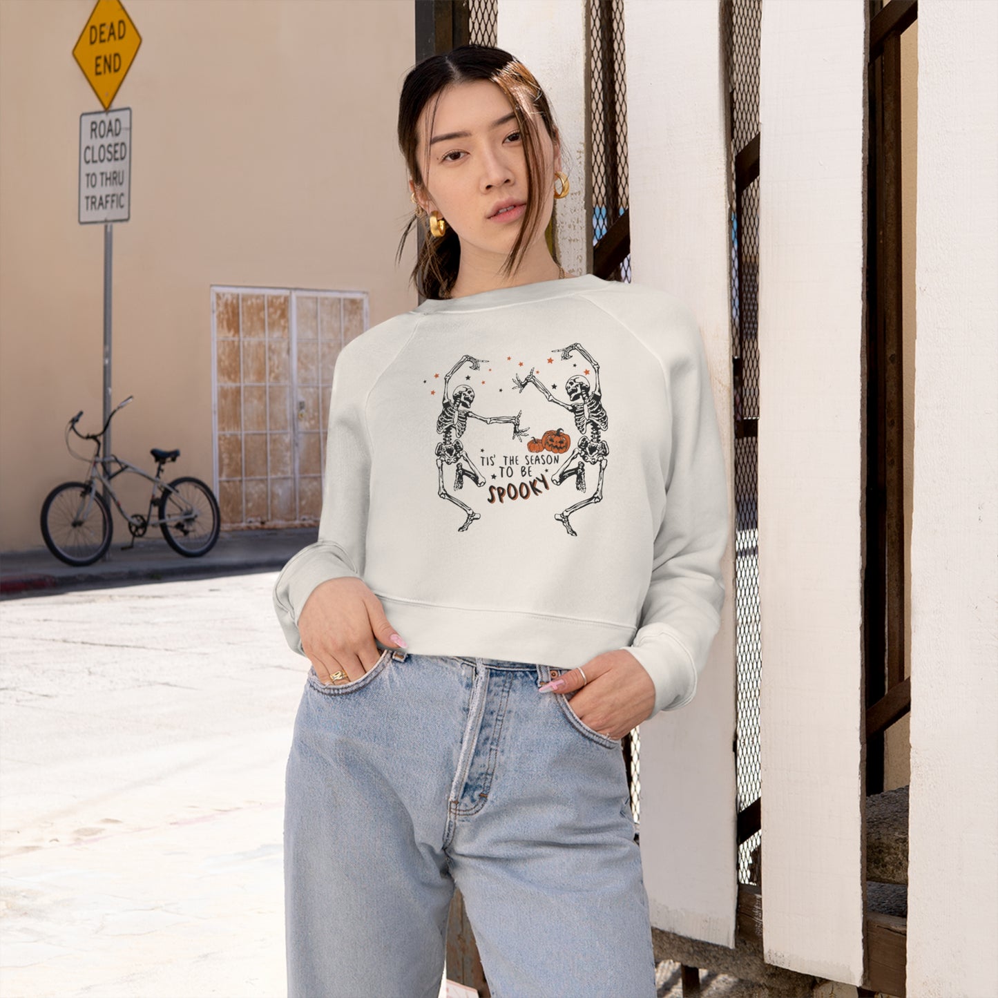 Women's Cropped Fleece Dancing Skeletons Pullover