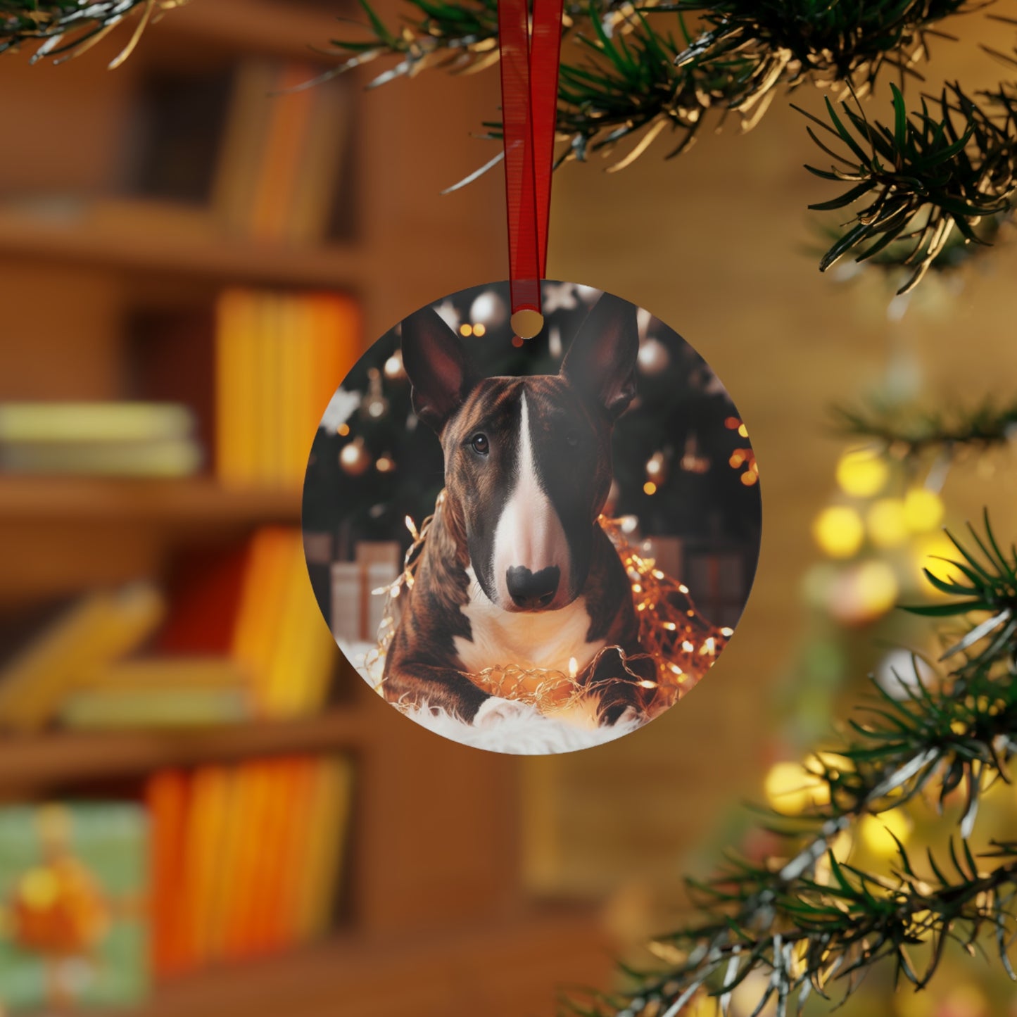 Brindle and White Bull Terrier Metal Ornaments
