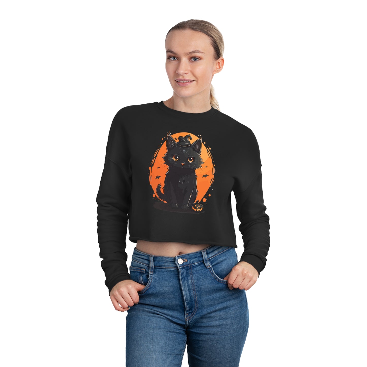 Women's Cropped Black Cat Sweatshirt