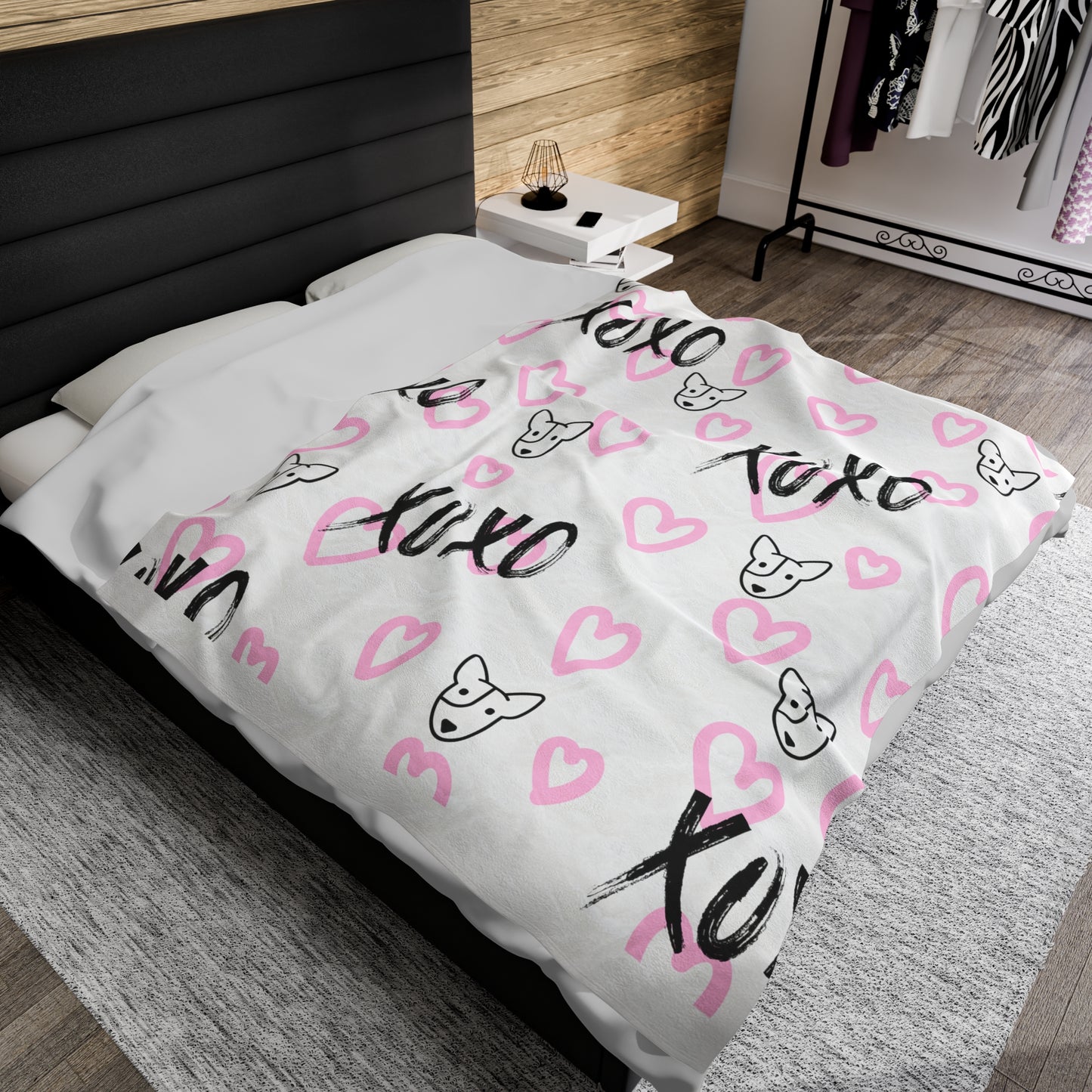 Bull Terrier XOXO Black And Pink Velveteen Plush Blanket