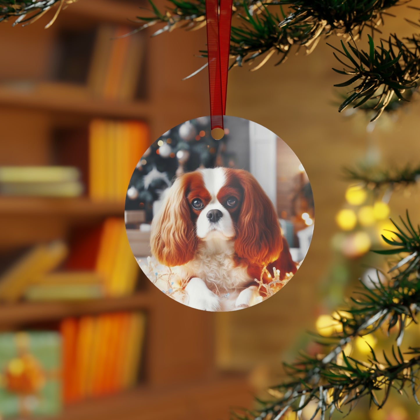 Brown and White Caviler King Charles Spaniel Metal Ornaments