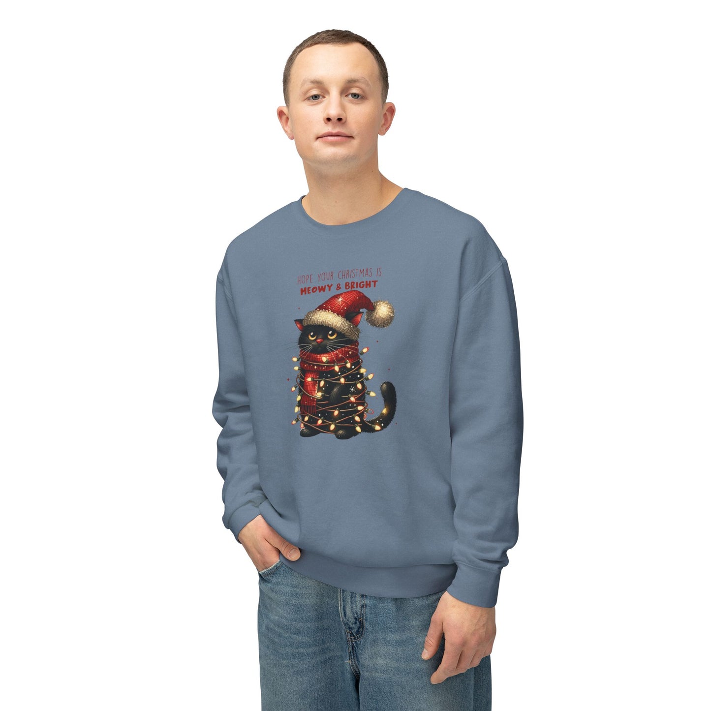 Funny Christmas Cat Unisex Lightweight Crewneck Sweatshirt