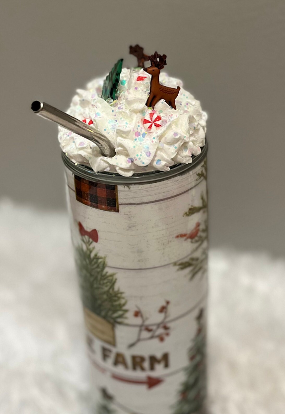Christmas Tree & Reindeer Tumbler With Faux Whipped Cream Topper