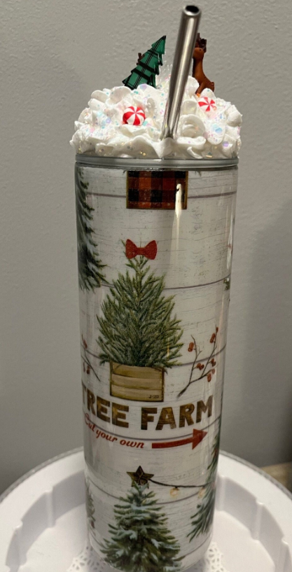 Christmas Tree & Reindeer Tumbler With Faux Whipped Cream Topper