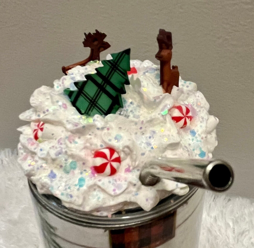 Christmas Tree & Reindeer Tumbler With Faux Whipped Cream Topper