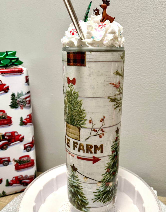 Christmas Tree & Reindeer Tumbler With Faux Whipped Cream Topper