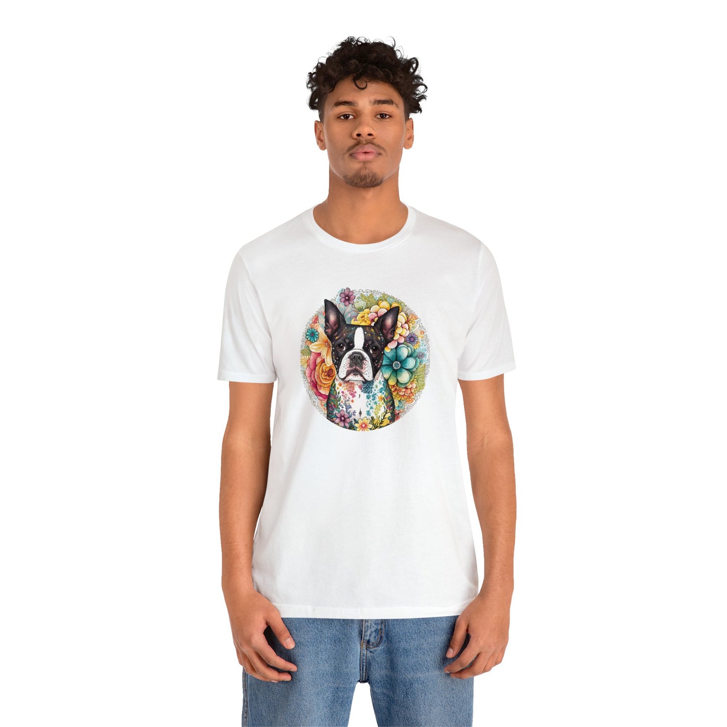 Boston Terrier Flowers Unisex Jersey Short Sleeve Tee