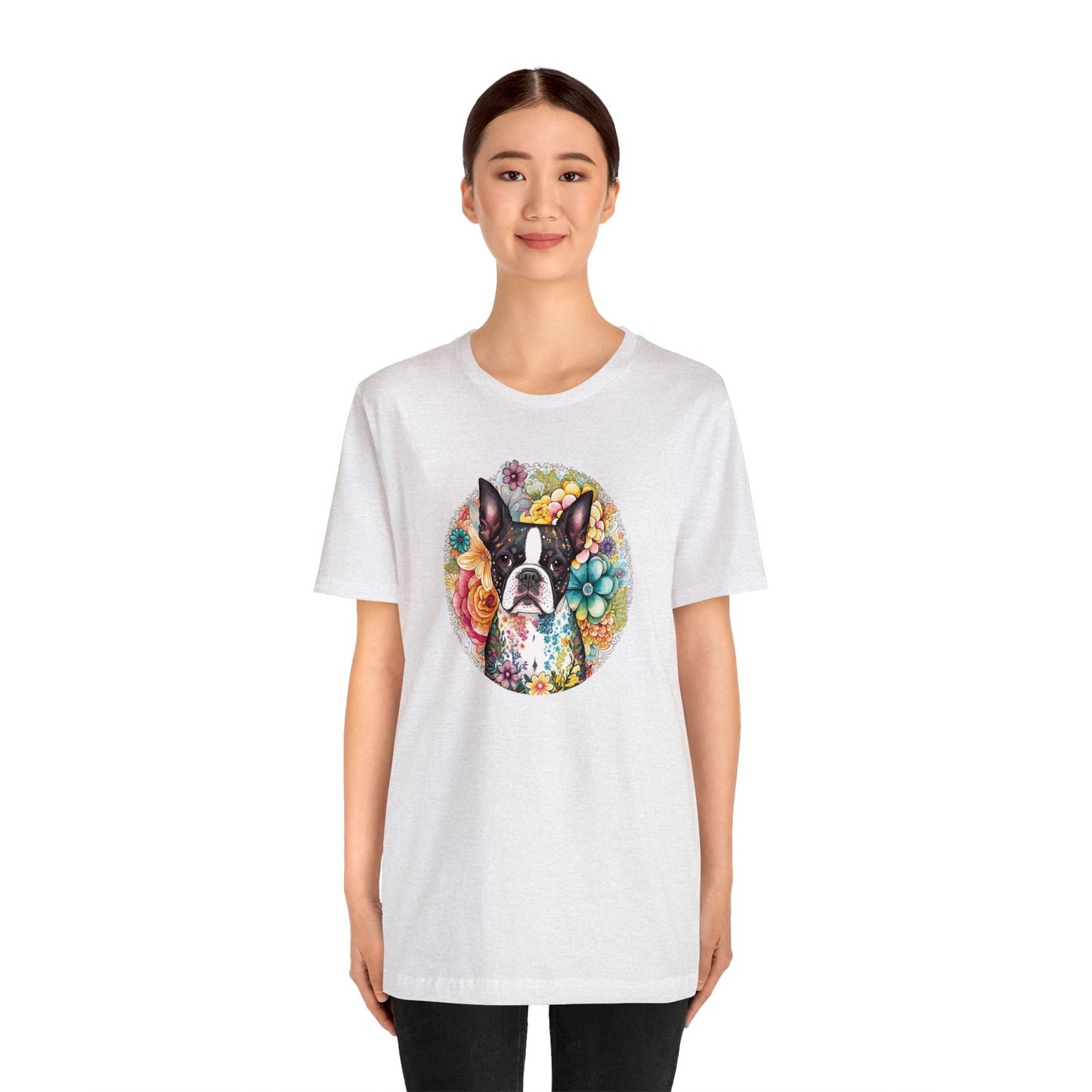 Boston Terrier Flowers Unisex Jersey Short Sleeve Tee