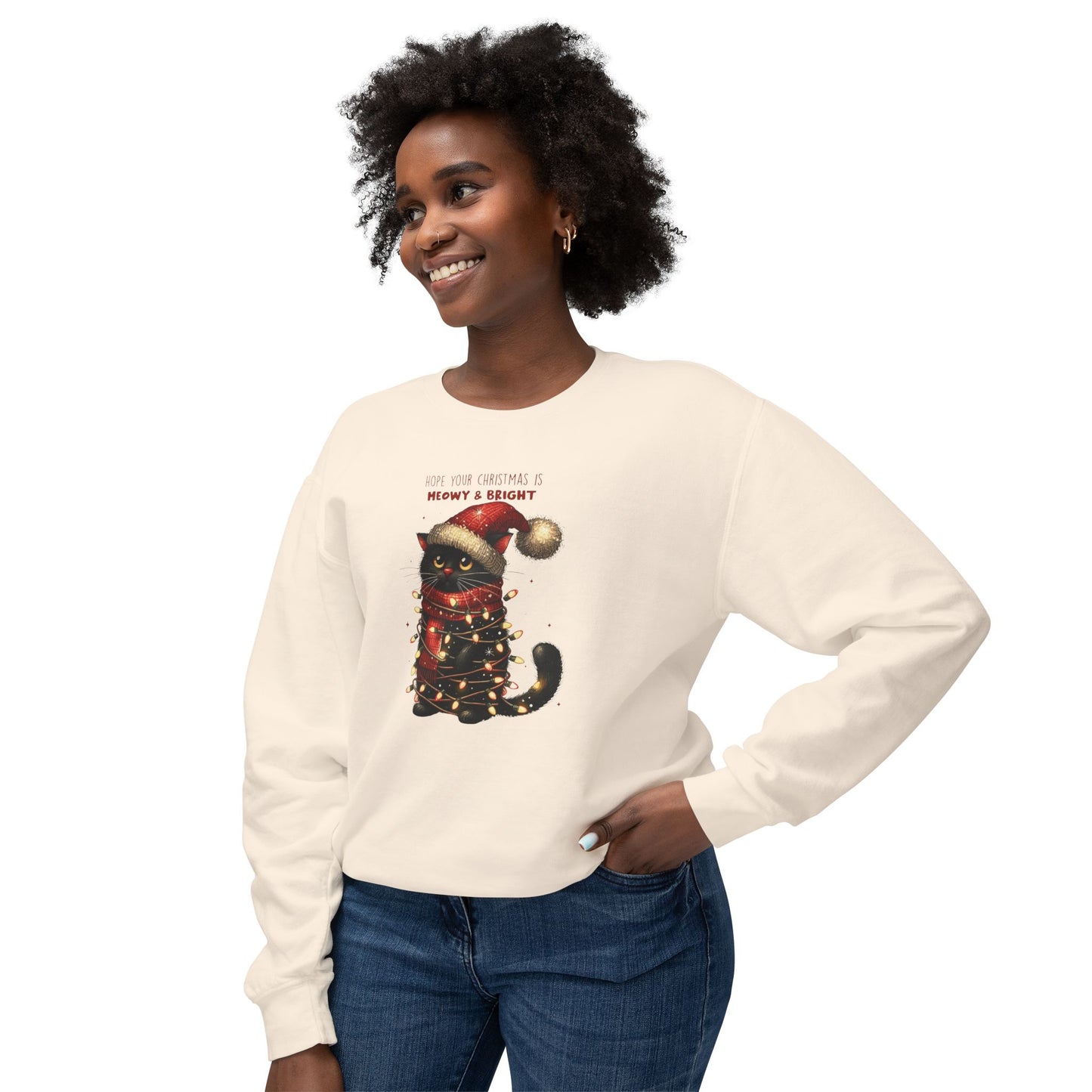 Funny Christmas Cat Unisex Lightweight Crewneck Sweatshirt