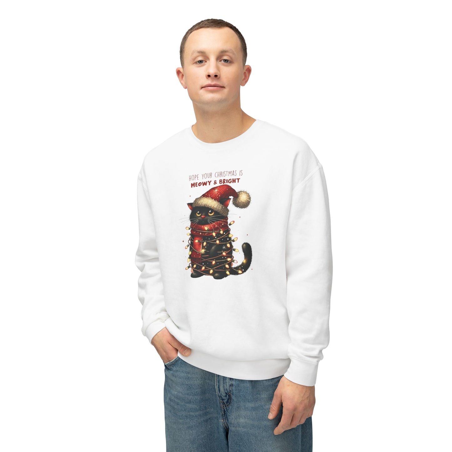 Funny Christmas Cat Unisex Lightweight Crewneck Sweatshirt