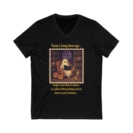 Cozy Ghost Story V-Neck Tee, Halloween T-Shirt, Cute Spooky Shirt, Unisex Casual Top, Gift for Ghost Lovers, Fall Fashion