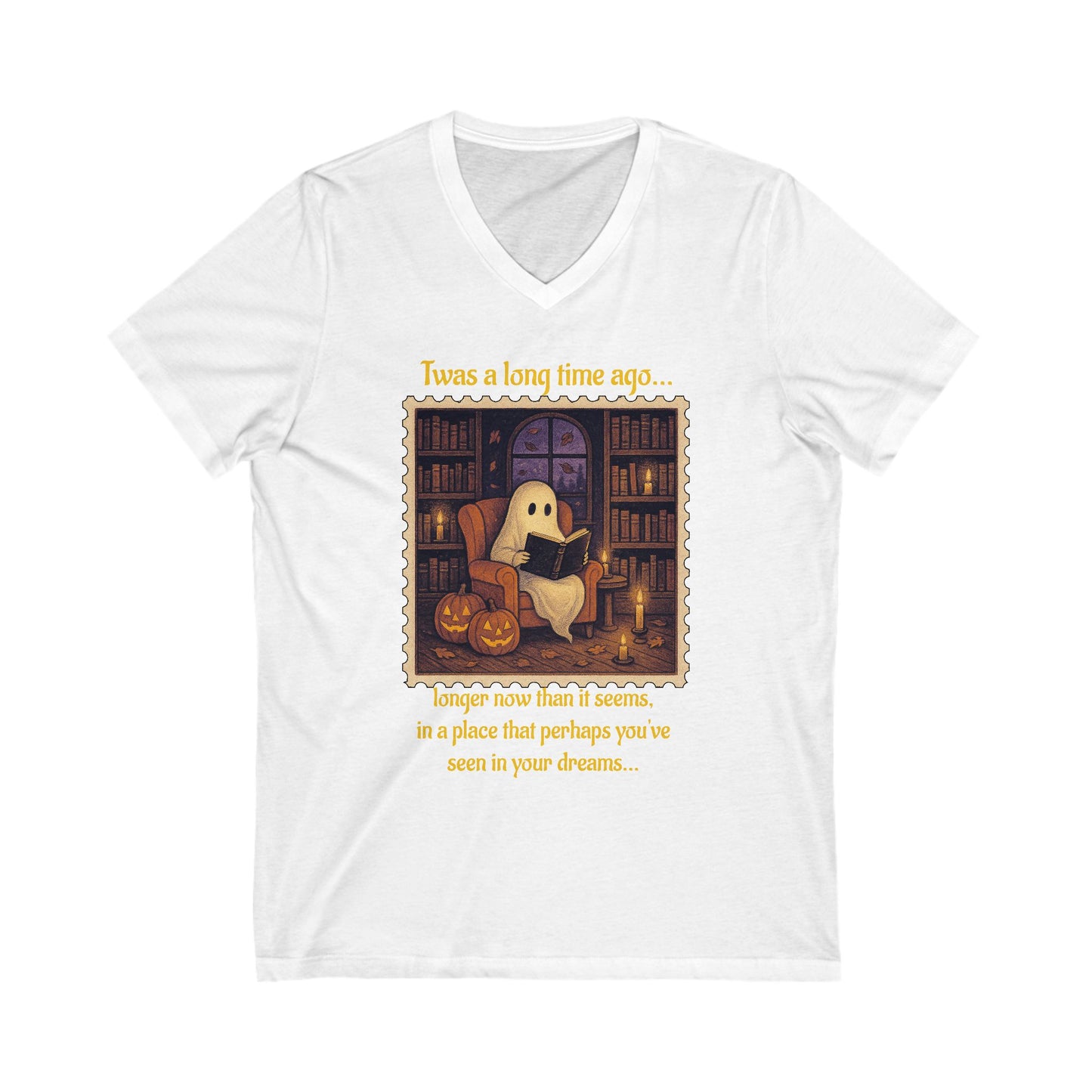 Cozy Ghost Story V-Neck Tee, Halloween T-Shirt, Cute Spooky Shirt, Unisex Casual Top, Gift for Ghost Lovers, Fall Fashion
