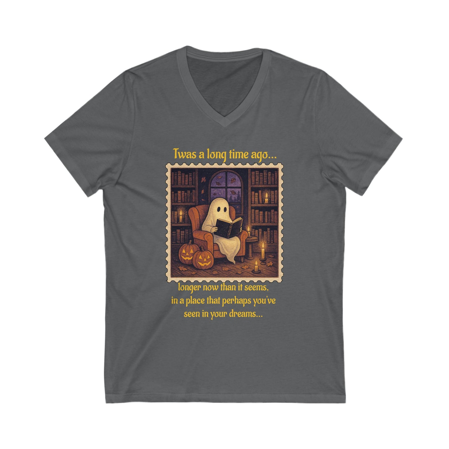 Cozy Ghost Story V-Neck Tee, Halloween T-Shirt, Cute Spooky Shirt, Unisex Casual Top, Gift for Ghost Lovers, Fall Fashion