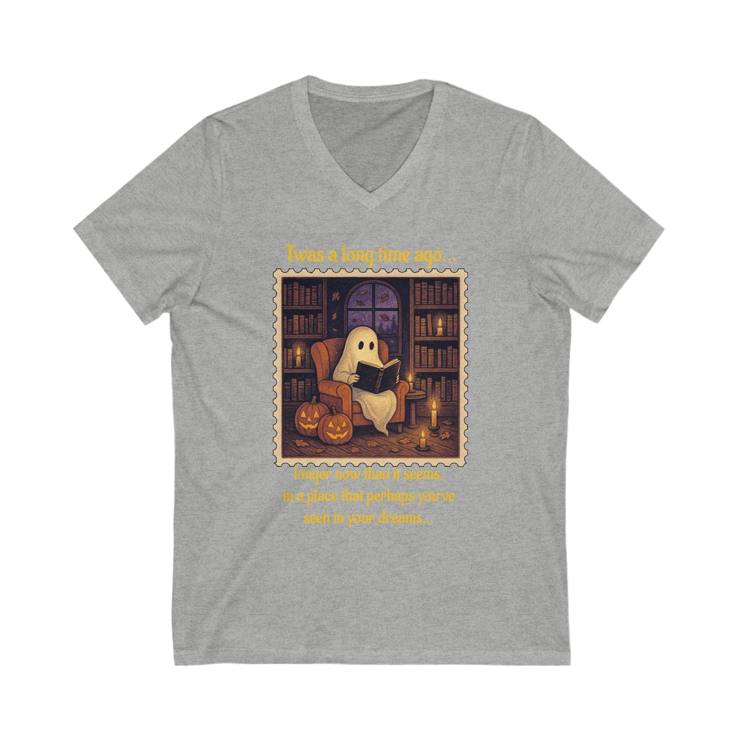 Cozy Ghost Story V-Neck Tee, Halloween T-Shirt, Cute Spooky Shirt, Unisex Casual Top, Gift for Ghost Lovers, Fall Fashion