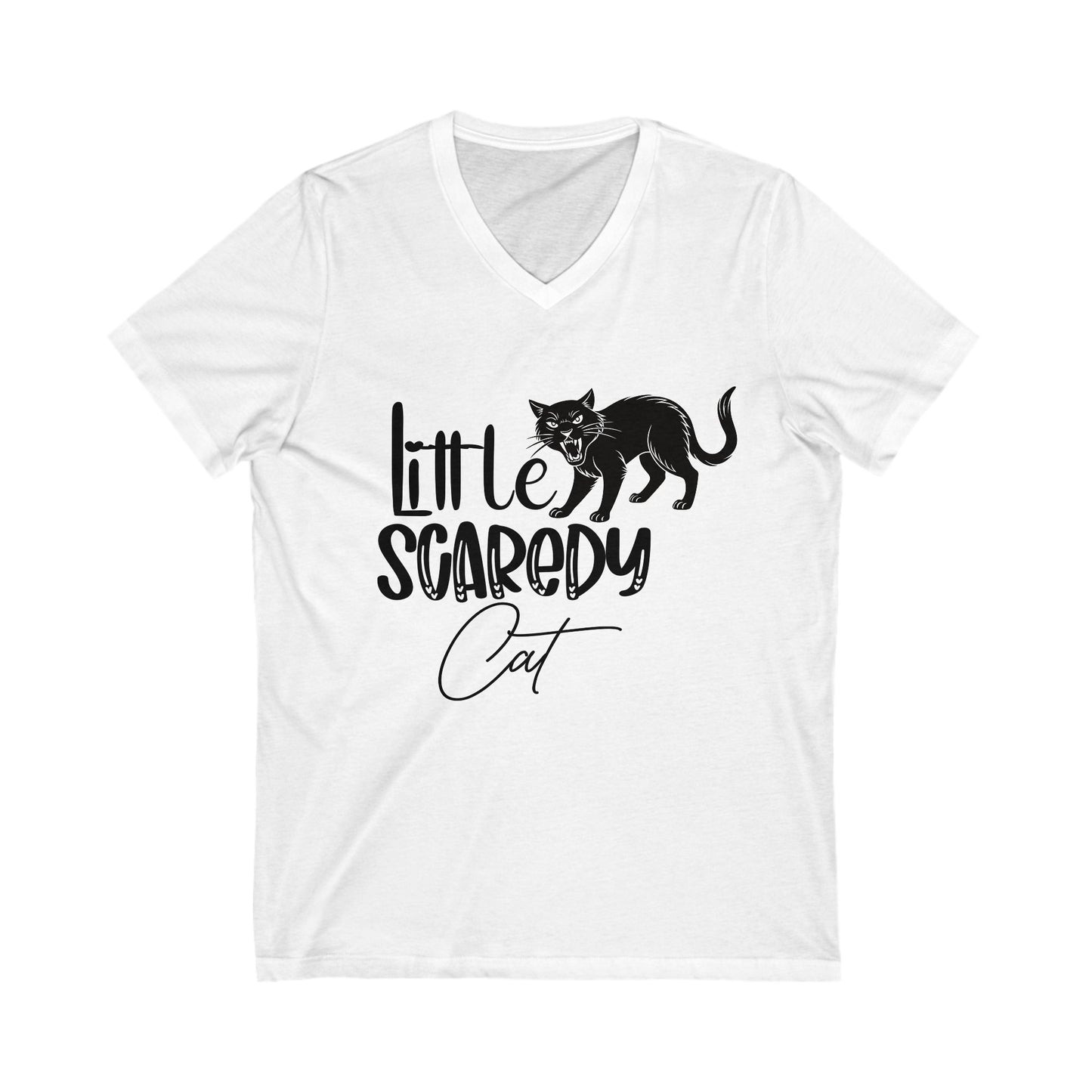 Little Scaredy Cat Tee, Funny Cat Halloween Shirt, Unisex V-Neck, Animal Lover Gift, Halloween Apparel, Cute Cat Lover Top