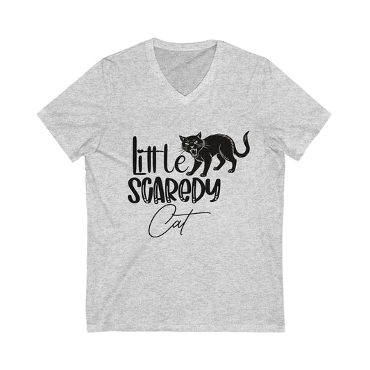 Little Scaredy Cat Tee, Funny Cat Halloween Shirt, Unisex V-Neck, Animal Lover Gift, Halloween Apparel, Cute Cat Lover Top
