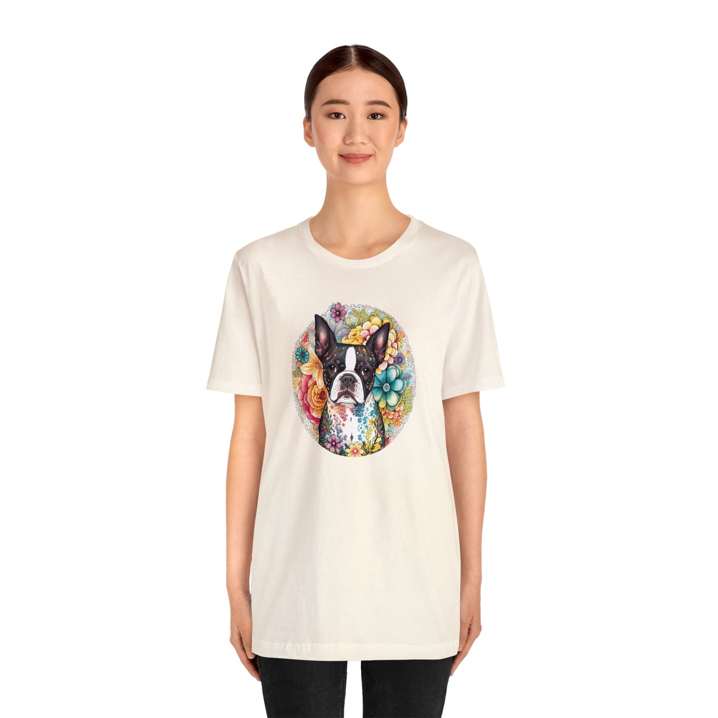 Boston Terrier Flowers Unisex Jersey Short Sleeve Tee