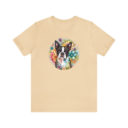 Boston Terrier Flowers Unisex Jersey Short Sleeve Tee