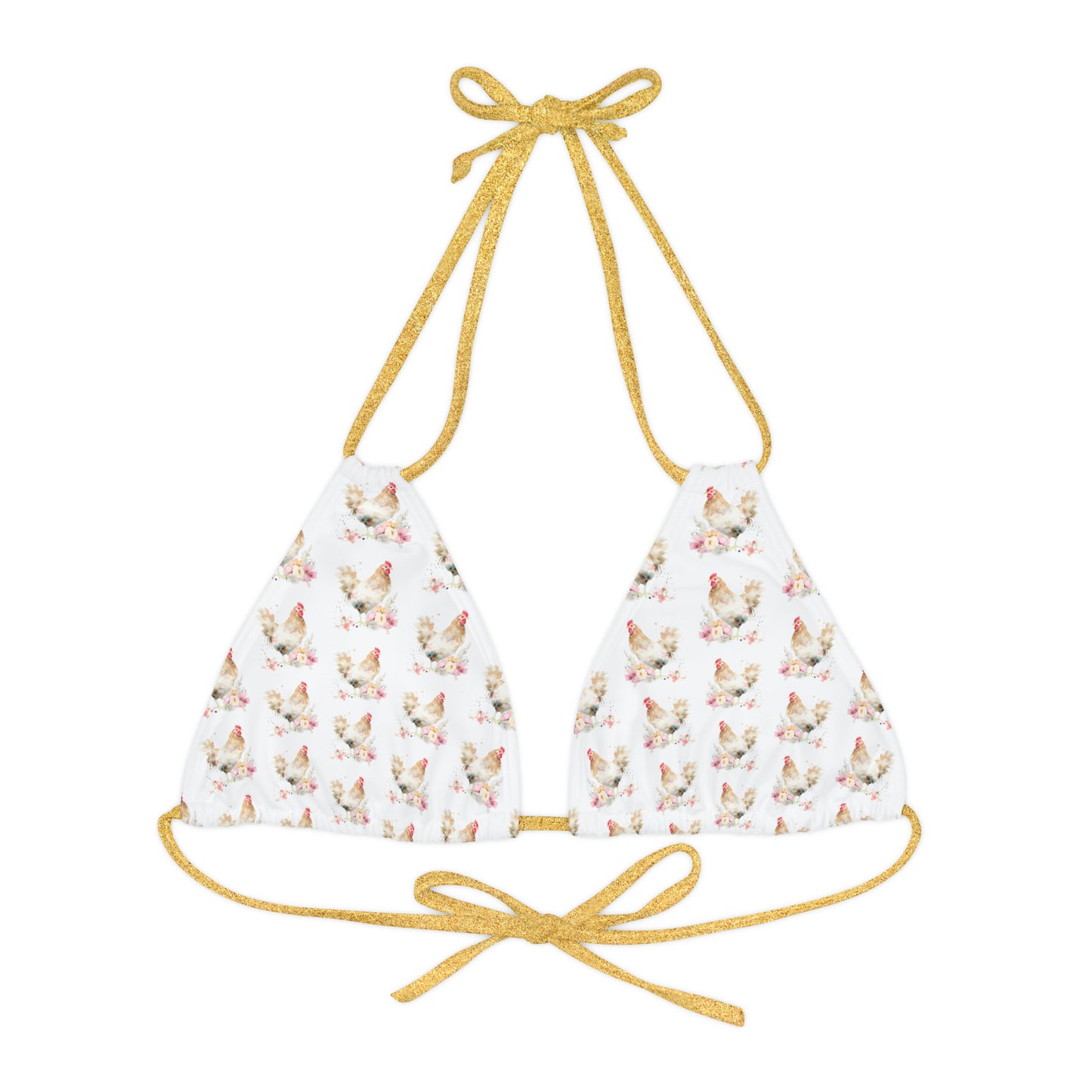 Watercolor Chicken Strappy Triangle Bikini Top (AOP)