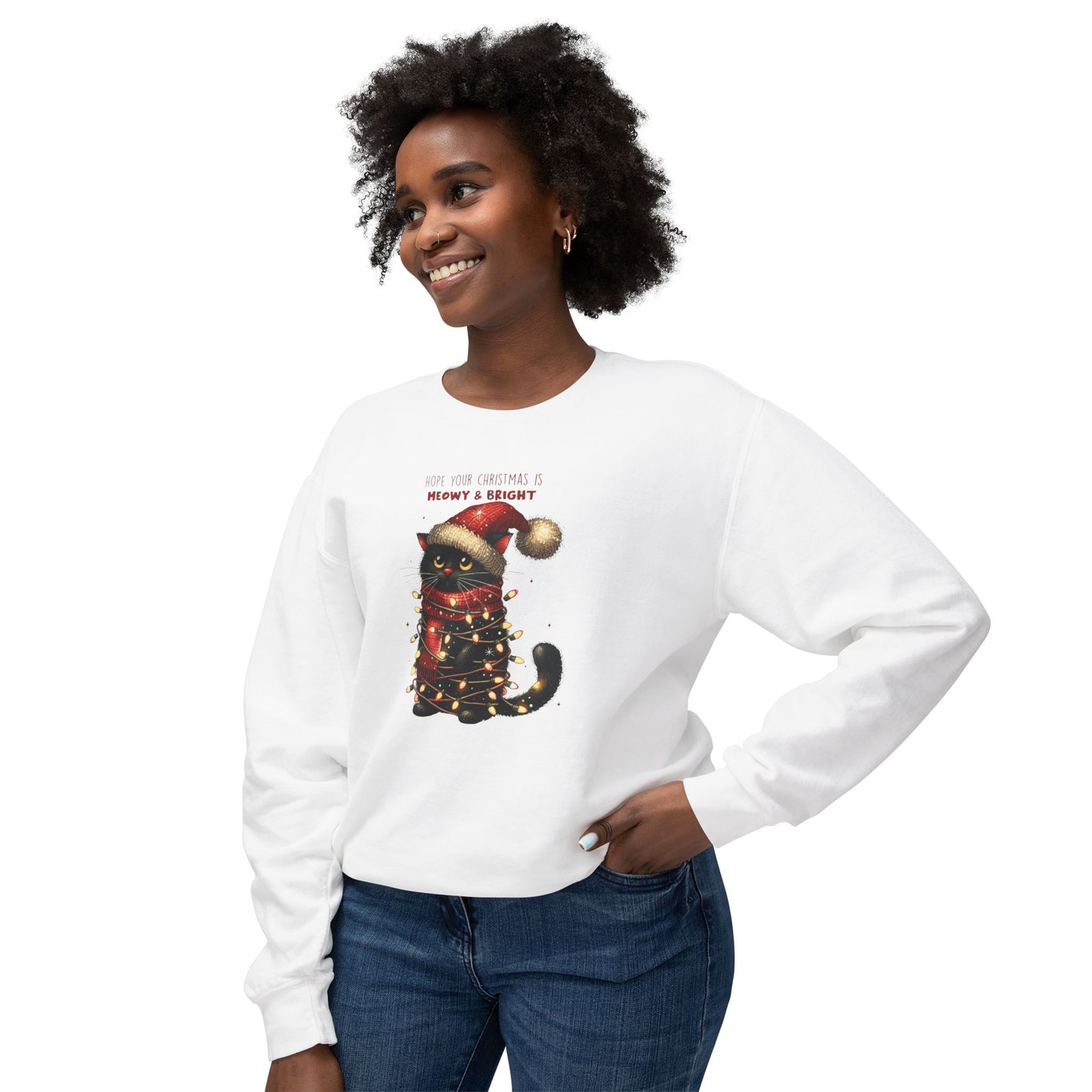 Funny Christmas Cat Unisex Lightweight Crewneck Sweatshirt