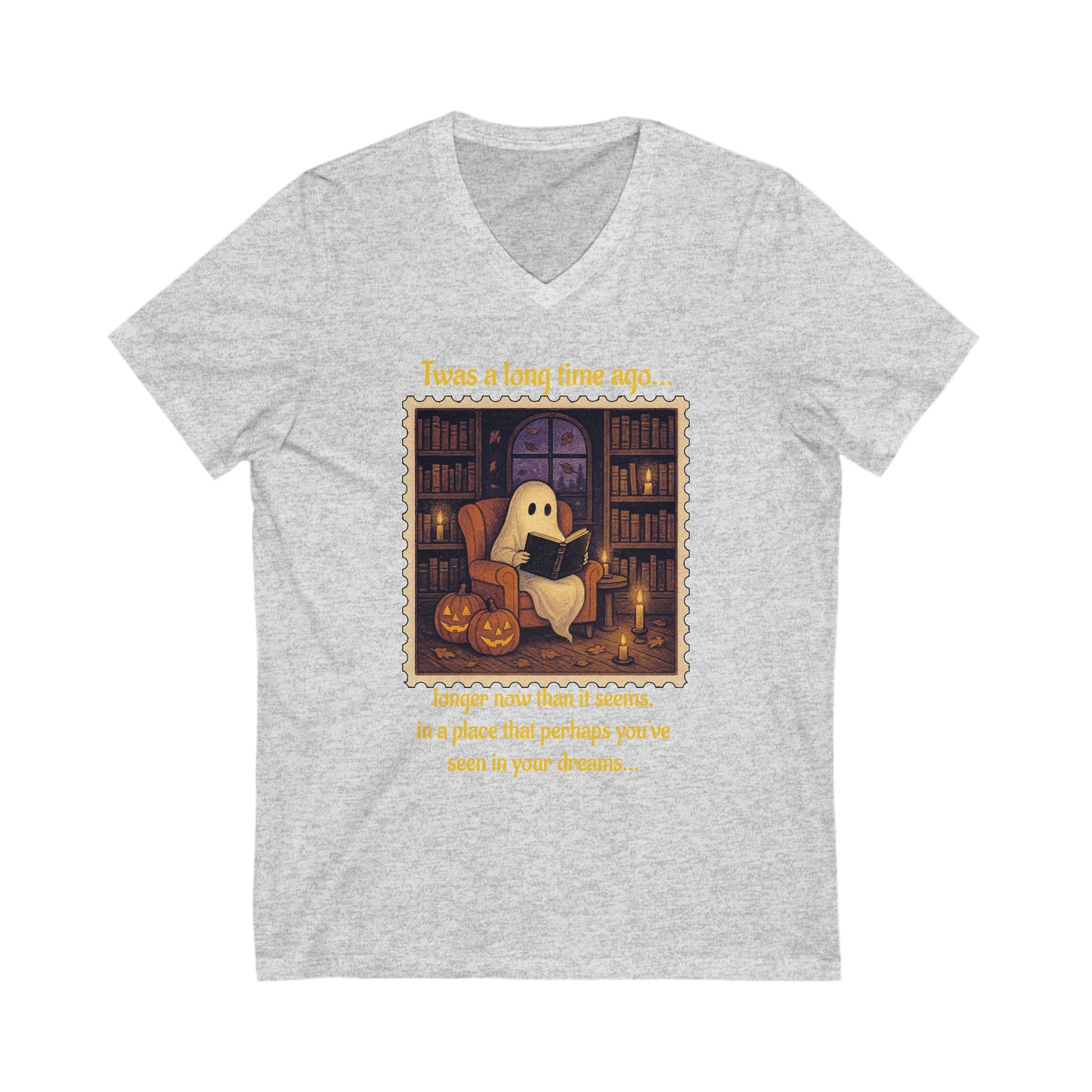 Cozy Ghost Story V-Neck Tee, Halloween T-Shirt, Cute Spooky Shirt, Unisex Casual Top, Gift for Ghost Lovers, Fall Fashion