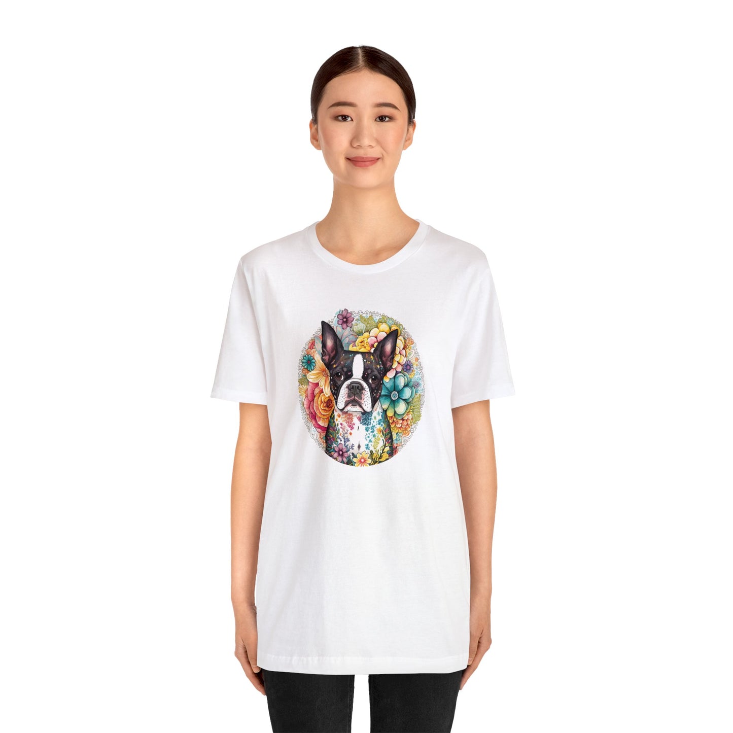 Boston Terrier Flowers Unisex Jersey Short Sleeve Tee