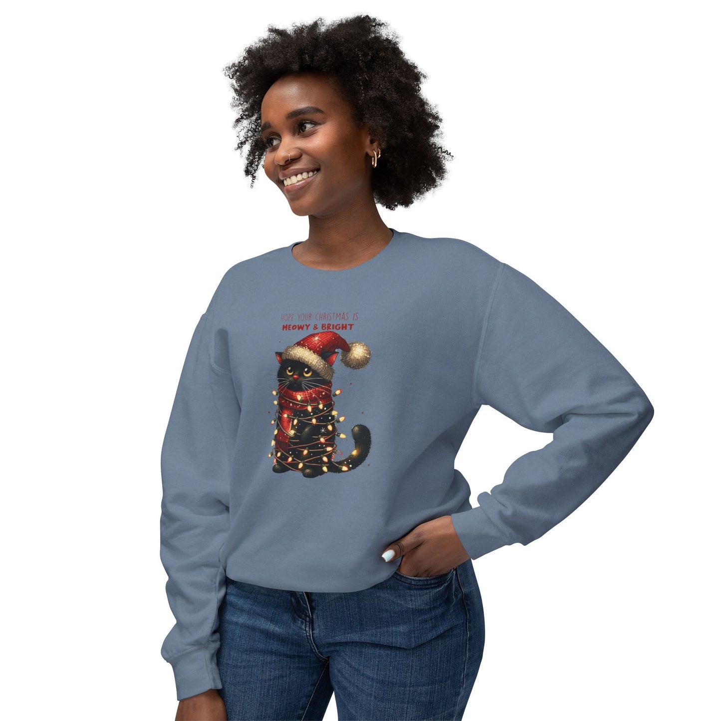 Funny Christmas Cat Unisex Lightweight Crewneck Sweatshirt