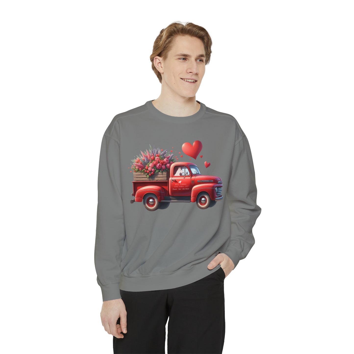 Valentine's Day Bull Terrier Truck Unisex Garment-Dyed Sweatshirt