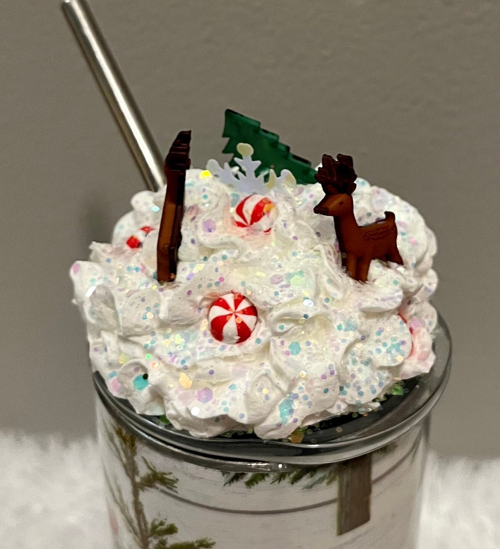 Christmas Tree & Reindeer Tumbler With Faux Whipped Cream Topper